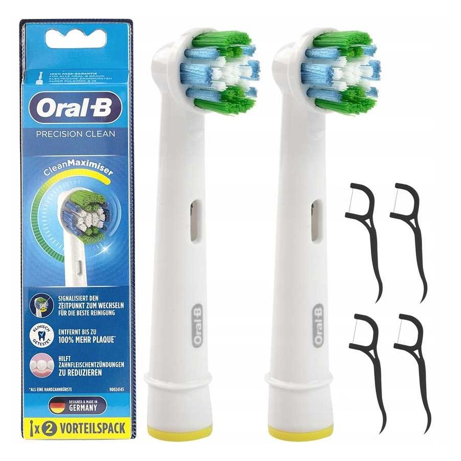 Zestaw dwóch końcówek Precision Clean Maximiser do szczoteczki elektrycznej Oral-B + 4 wykałaczki z nicią dentystyczną
