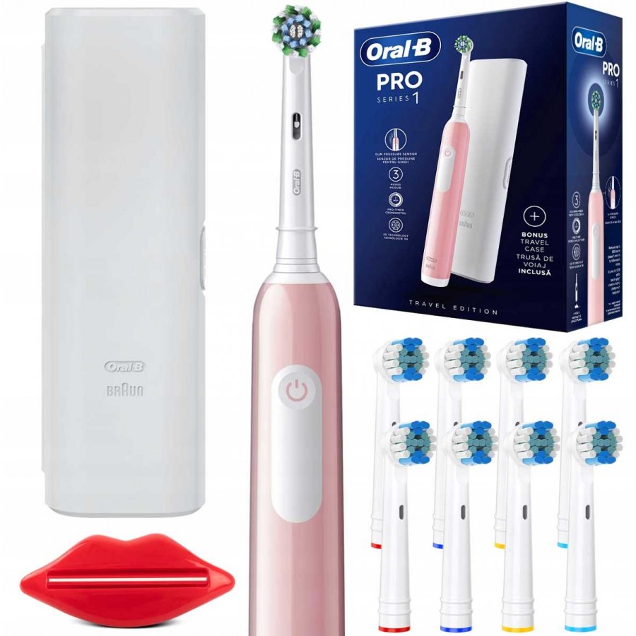 Szczoteczka elektryczna Oral-B Pro 1 różowa Cross Action + etui + uniwersalne końcówki + wyciskacz pasty do zębów
