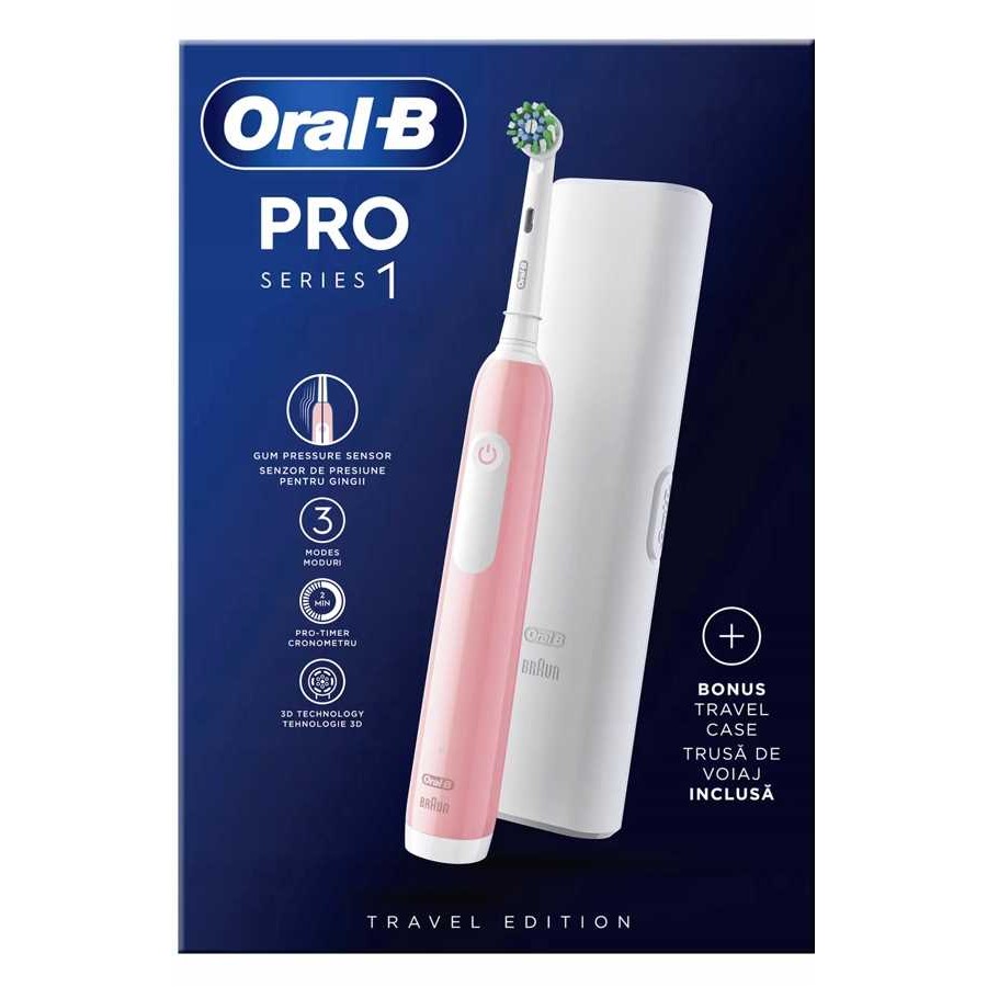 Oral-B Pro 1 szczoteczka elektryczna różowa + etui w kolorze białym